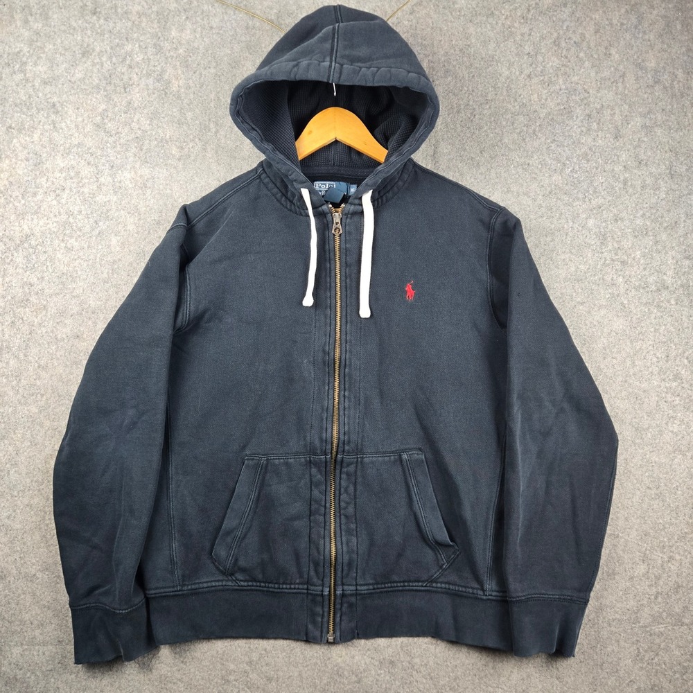 Polo Ralph Lauren Full Zip Hoodie Mens XL Black Red Pony Logo Waffle Lined Hood